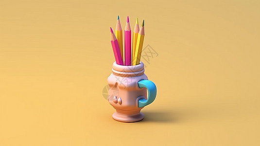 在粉色茶杯笔筒中的彩色铅笔图片