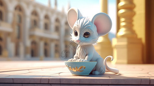 在街道上白色立体卡通小老鼠趴在茶杯上图片
