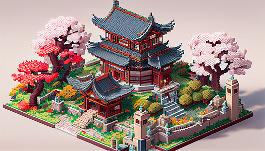 中式风景抽象几何马赛克积木彩色方块建筑数字艺术图片