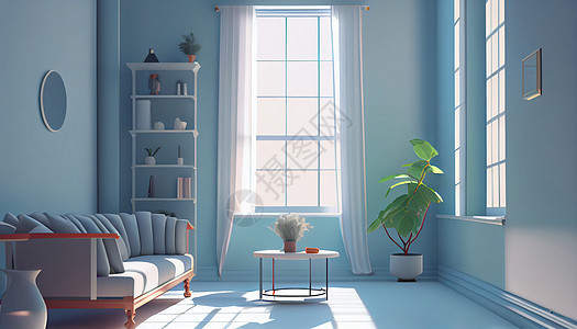 蓝色明亮的简约现代风卧室室内空间图片