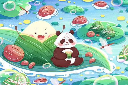 端午节熊猫与粽子插画图片