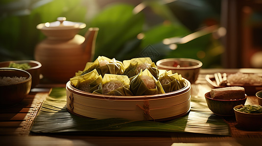 端午节蒸笼粽子食物摆放图片
