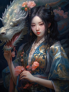 美女与巨龙插画图片