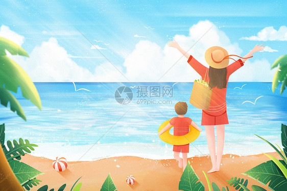 小清新夏天母子海边沙滩阳光插画图片