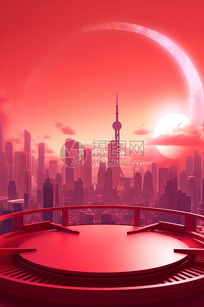 夕阳下的立体电商城市背景展台场景图片