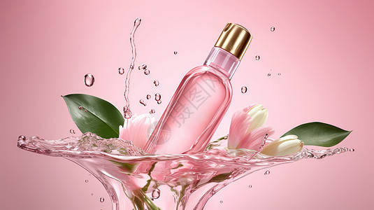 在花朵和水包围下的大瓶粉色瓶装爽肤水图片