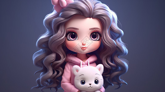 穿粉色卫衣抱着毛绒宠物的可爱立体卡通女孩图片