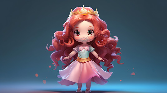 红色 裙戴皇冠穿公主裙的卡通立体小公主插画