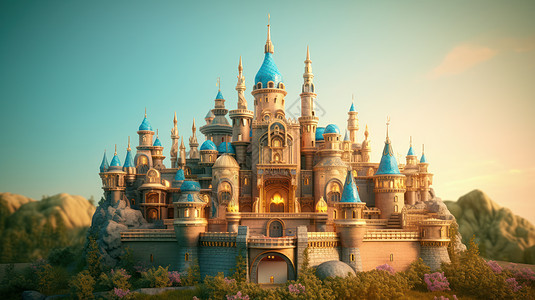 梦幻蓝色房顶卡通欧式城堡图片