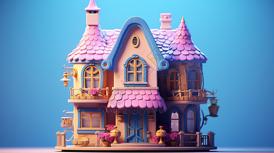 粉色屋顶双层可爱立体卡通的小房子图片