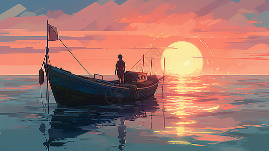 夕阳下海上小船图片