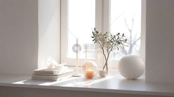 阳光白色简约窗台摄图室内图图片