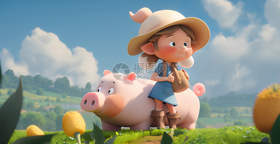 可爱风儿童和小猪田园清新3D立体夏天卡通人物图片