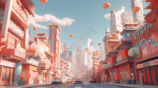 节日喜庆清新立体可爱街道建筑风景模型场景图片