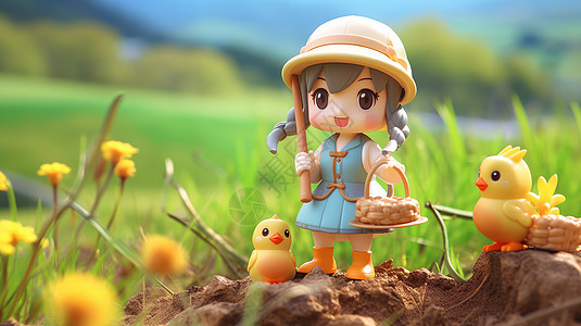 拿着篮子与农具站在野外土堆上的立体卡通女孩图片