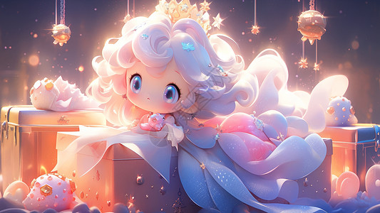 梦幻可爱大眼睛戴金色皇冠的长发卡通小公主高清图片