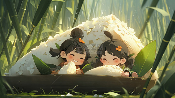 巨大粽子旁吃粽子的两个可爱卡通小孩图片