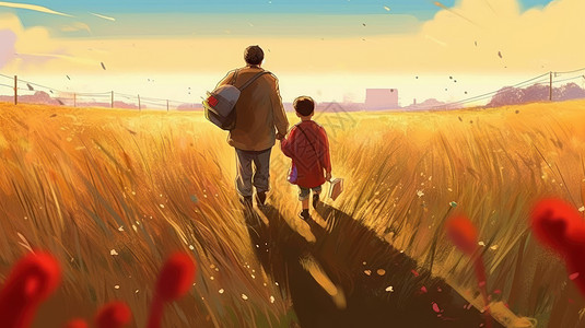 卡通高大的父亲背着孩子的书包跟孩子手拉手走向远处的城市背影数字艺术图片