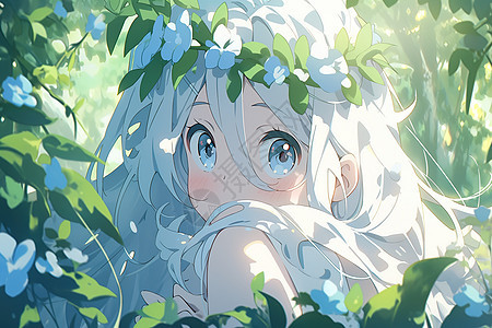 夏日花丛中的动漫女孩背景图片