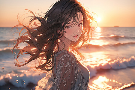夏日海边日落美女头发在风中飘逸图片