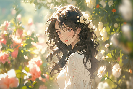 美丽的女生在花园里微笑漫画图片