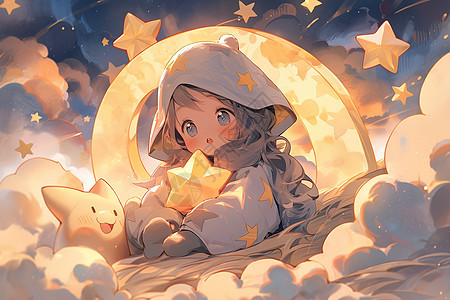 可爱卡通女孩坐在云下的新月图片