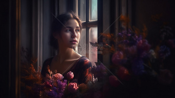 窗边优雅女性和花朵图片