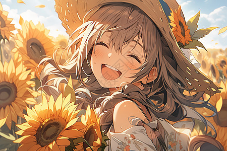 抱着向日葵花朵女孩开心大笑快乐高兴笑容可爱漫画高清图片