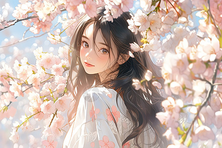女孩穿着白色碎花连衣裙站在樱花树下高清图片