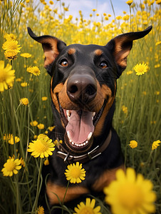 花丛中的杜宾犬图片