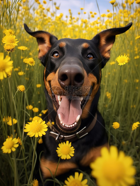 花丛中的杜宾犬图片