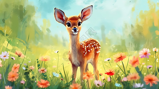 花丛中甜美的小鹿水彩插图图片