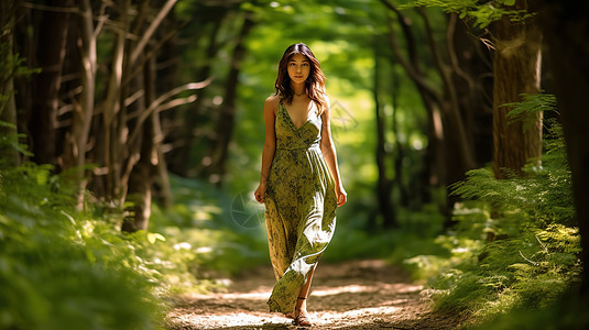 年轻漂亮女性夏天漫步在森林里高清图片