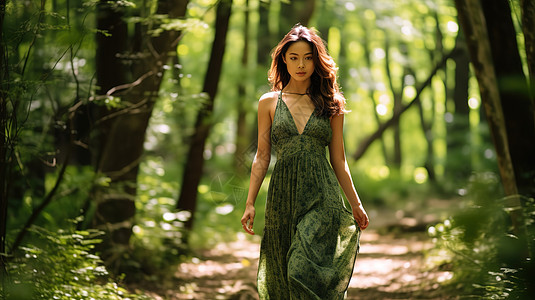 年轻漂亮女性夏天漫步在森林里高清图片