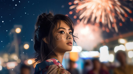 年轻漂亮女子烟花节看烟花图片