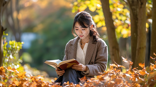 年轻漂亮女子秋季公园的长凳上看书图片