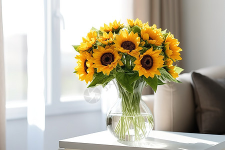 简约家居玻璃花瓶中美丽向日葵背景图片