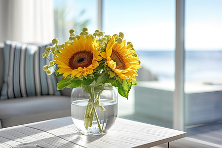 简约家居玻璃花瓶中美丽向日葵图片