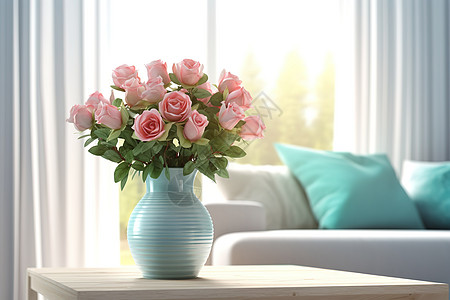 木艺家居木桌上绿色陶瓷花瓶粉色玫瑰插画