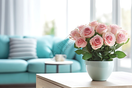 木桌上绿色陶瓷花瓶粉色玫瑰图片