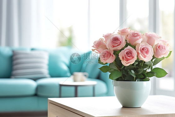 木桌上绿色陶瓷花瓶粉色玫瑰图片