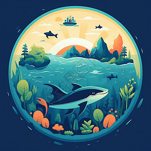 蓝色海洋生态环境插画用图图片