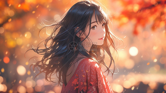 秋天红色枫叶享受秋天气氛美女漫画图片