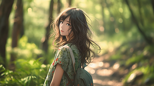 背包包的女人夏日森林背着包徙步的女生插画