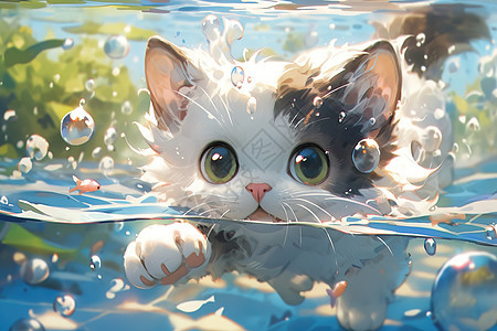 快乐小猫在水下游泳图片
