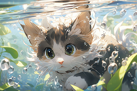 快乐小猫在水下游泳背景图片
