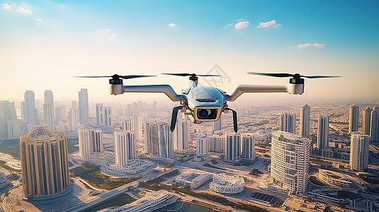 高层建筑和天线城市上空飞行的无人机插画
