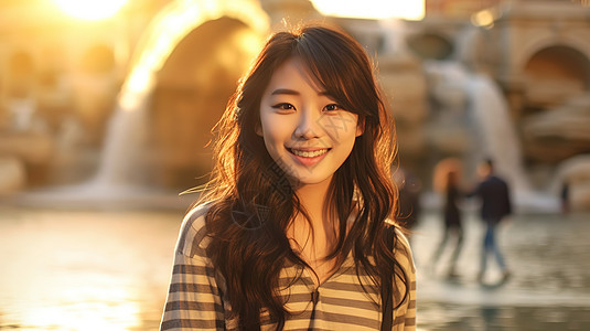 日落时分罗马喷泉前微笑的美女背景图片