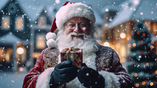 戴着圣诞帽圣诞老人手里拿着礼物背景图片