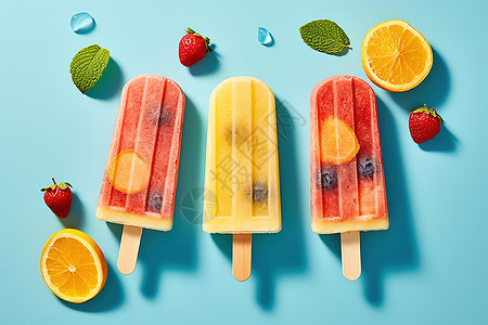 夏日缤纷水果冰棍雪条平铺图图片